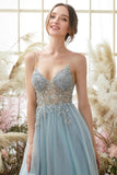 Light Blue Beaded Tulle Spaghetti Straps Prom Dress