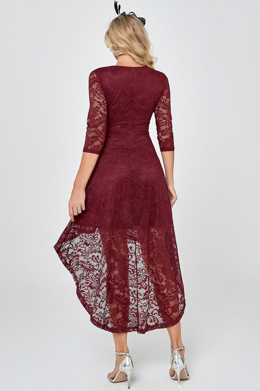 Burgundy High Low Lace Bridesmaid Dress with Sleeves