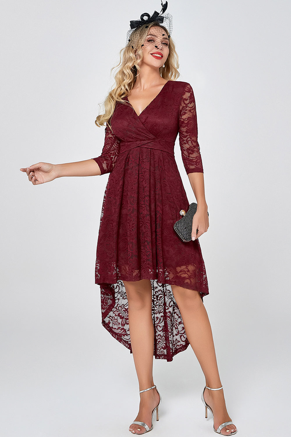 Burgundy High Low Lace Bridesmaid Dress with Sleeves