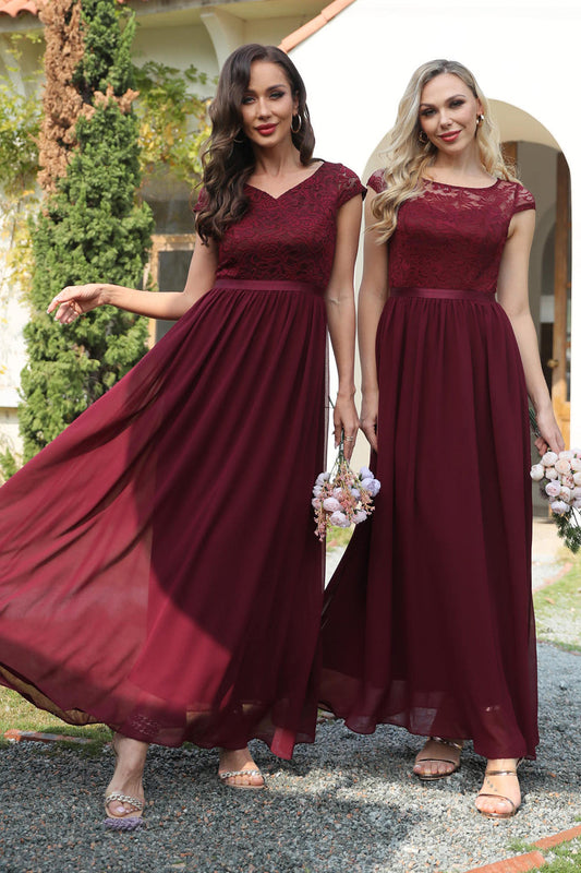 A Line V Neck Burgundy Long Bridesmaid Dress