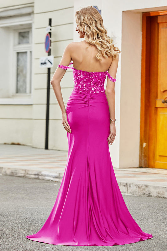 Fuchsia Mermaid Off The Shoulder Long Prom Dress with Sequins