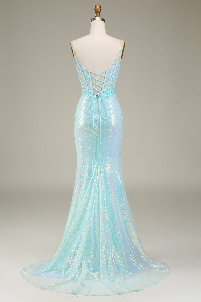 Formal Dresses Side Slit Spaghetti Straps Blue Sequin Mermaid Prom Dress / Prom Dresses Stores main image 1