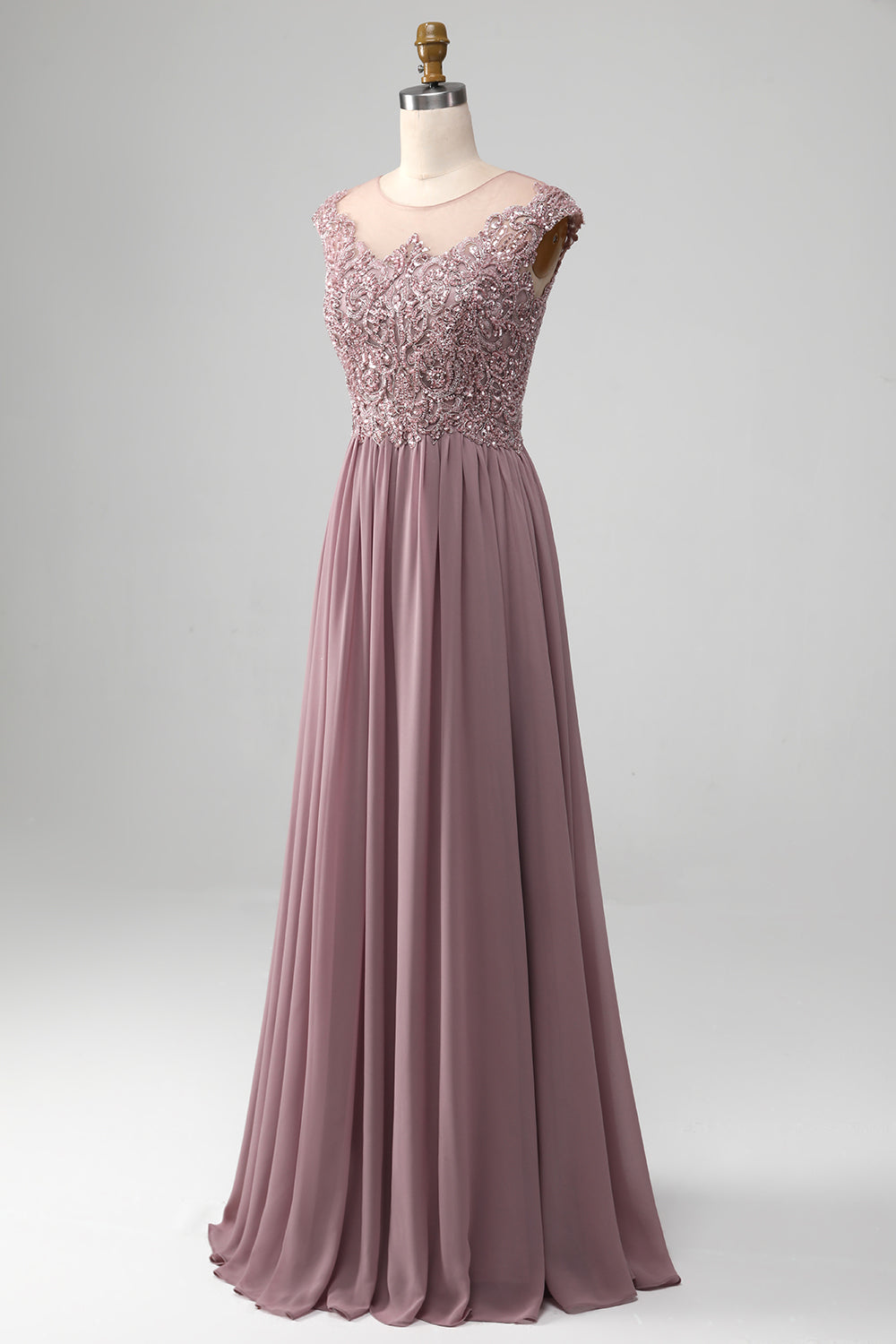 Dusk A-line Beaded Chiffon Round Neck Maxi Mother of the Bride Dress