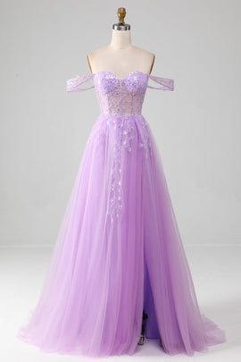 Lavender A Line Tulle Off the Shoulder Prom Dress with Slit