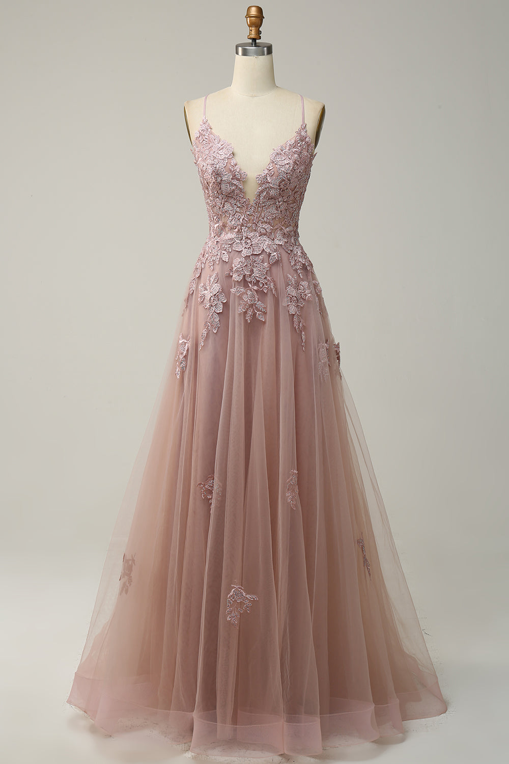 Green Spaghetti Straps Appliques Tulle Long Prom Dress with Slit