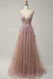 Green Spaghetti Straps Appliques Tulle Long Prom Dress with Slit