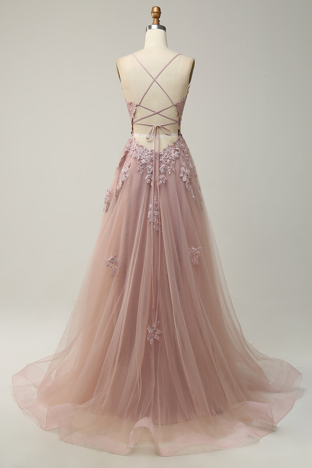 Blush Spaghetti Straps Appliques Tulle Prom Dress