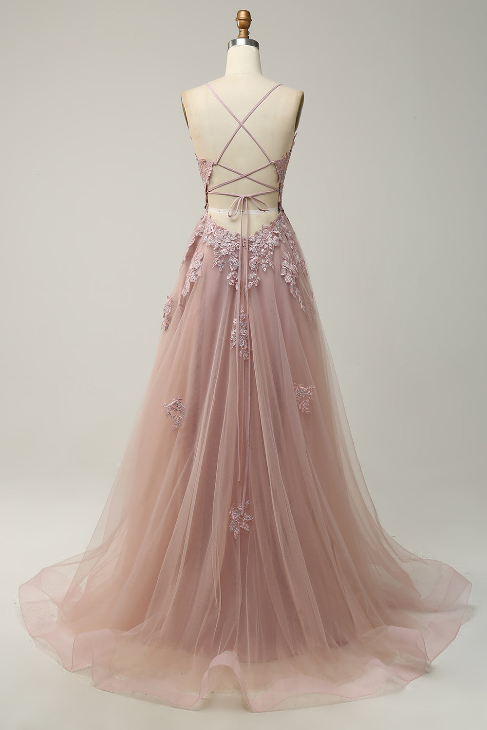 Light Purple Spaghetti Straps Appliques Tulle Prom Dress