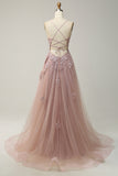 Green Spaghetti Straps Appliques Tulle Long Prom Dress with Slit