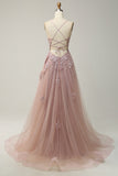 Blush Spaghetti Straps Appliques Tulle Prom Dress