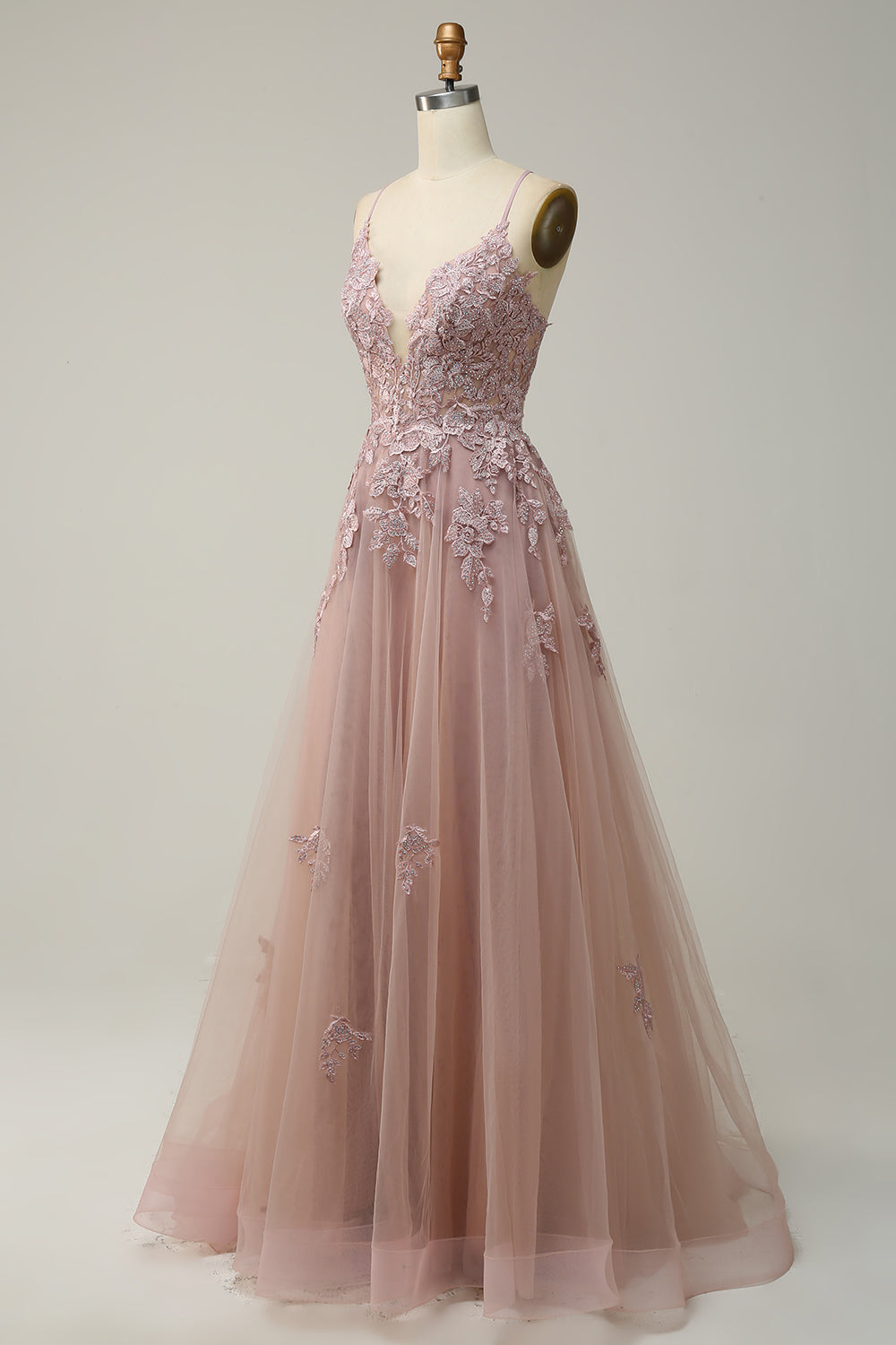 Blush Spaghetti Straps Appliques Tulle Prom Dress