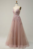 Green Spaghetti Straps Appliques Tulle Long Prom Dress with Slit