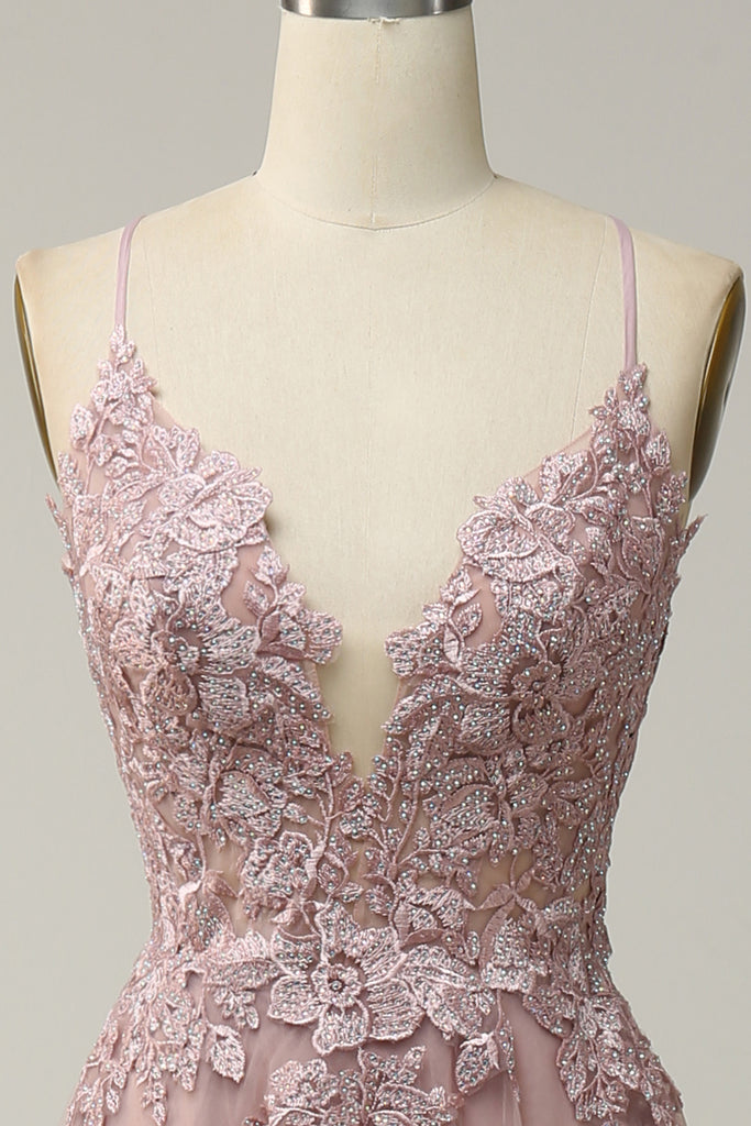 A Line Blush Spaghetti Straps V Neck Satin Prom Dress with Beading LBQ2645 main image 1