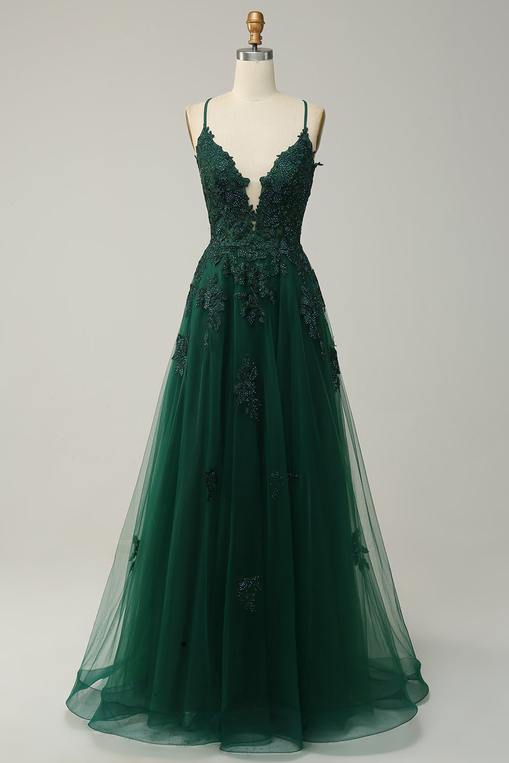 Green Spaghetti Straps Appliques Tulle Long Prom Dress with Slit
