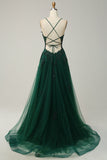 Dark Green Spaghetti Straps Appliques Tulle Prom Dress