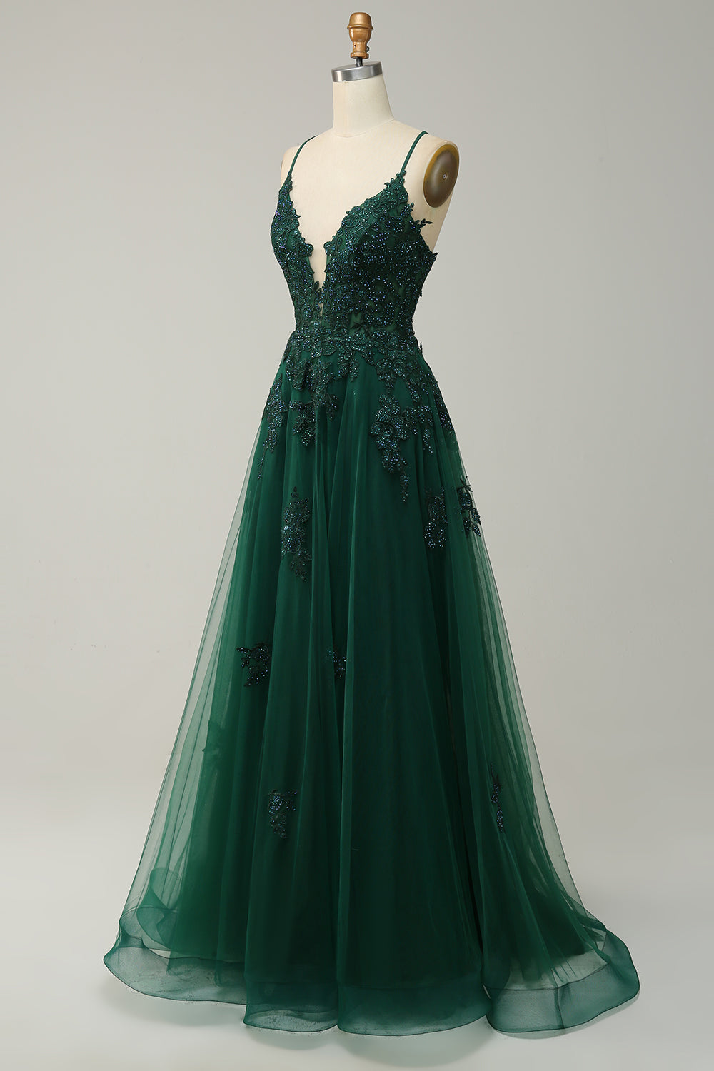 Green Spaghetti Straps Appliques Tulle Long Prom Dress with Slit