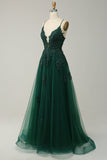 Green Spaghetti Straps Appliques Tulle Long Prom Dress with Slit