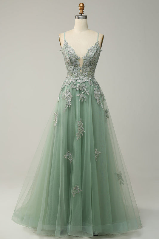 Green Spaghetti Straps Appliques A Line Prom Dress Lace-up Back Deep V-Neck Evening Dress