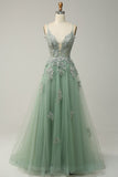 Green Spaghetti Straps Appliques A Line Prom Dress Lace-up Back Deep V-Neck Evening Dress