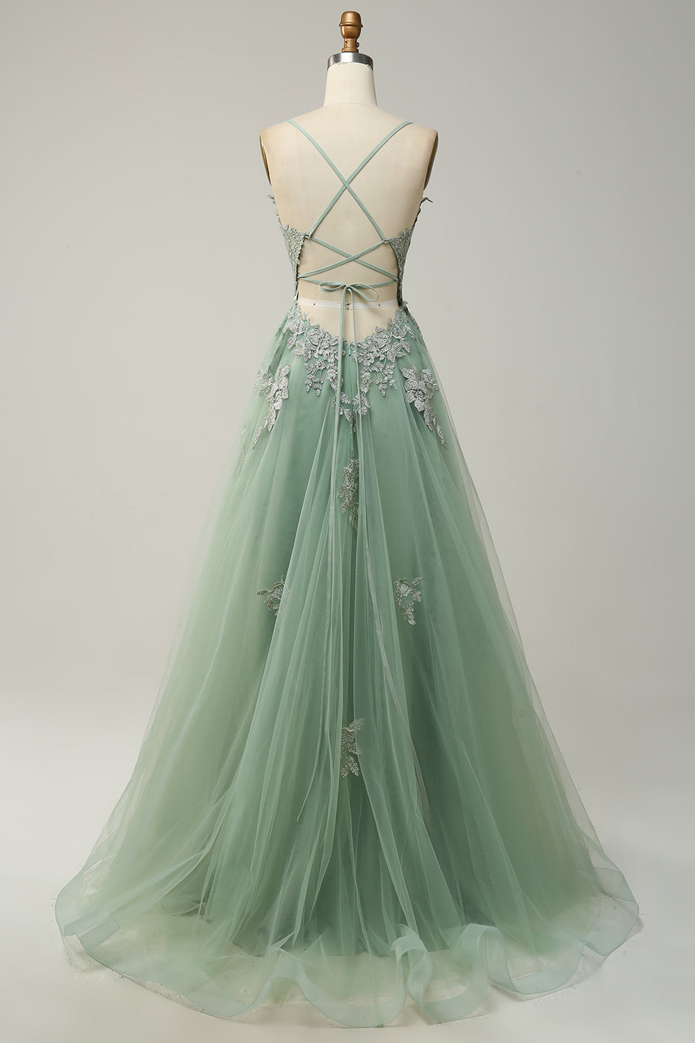 Green Spaghetti Straps Appliques Tulle Long Prom Dress with Slit