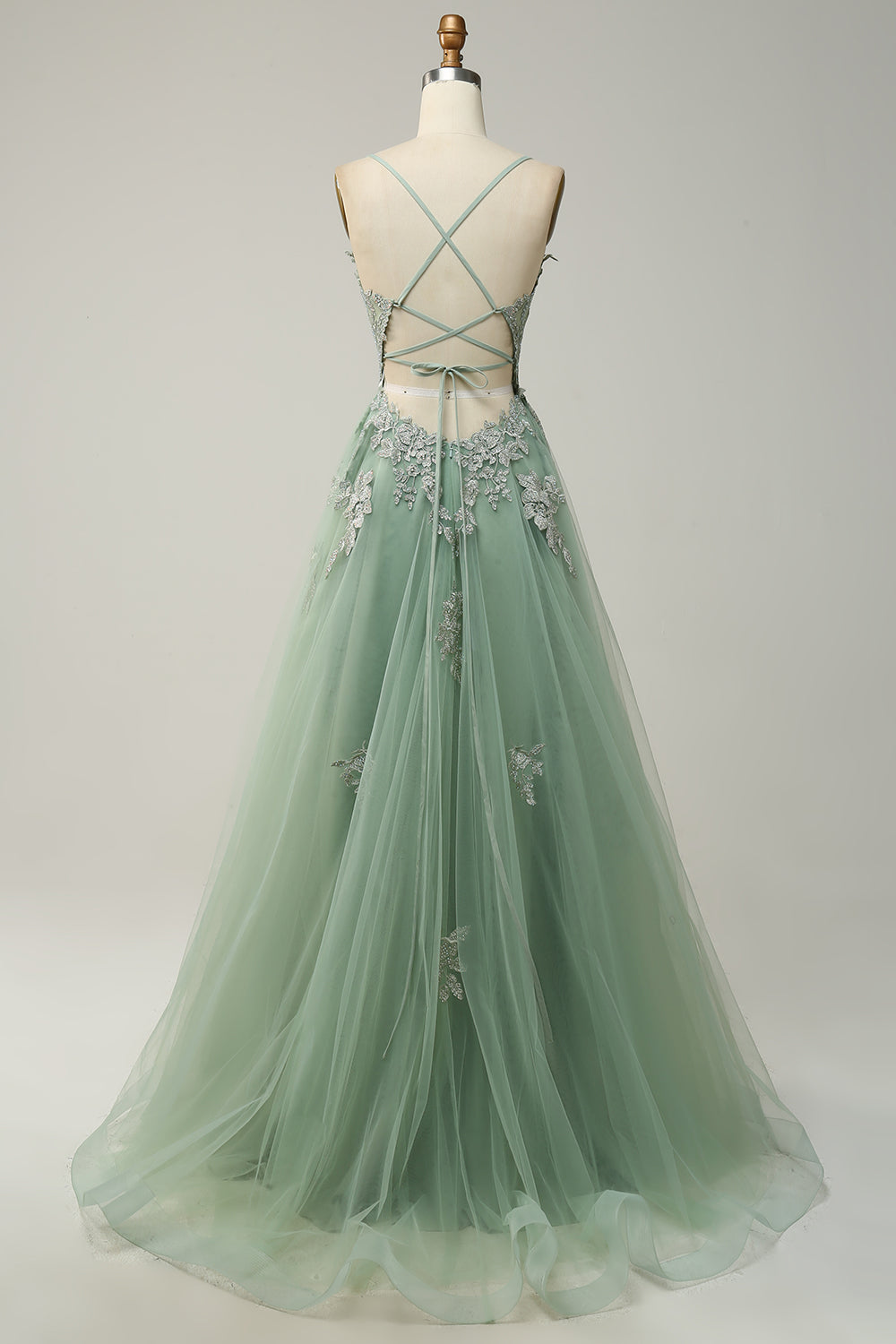Green Spaghetti Straps Appliques Tulle Prom Dress
