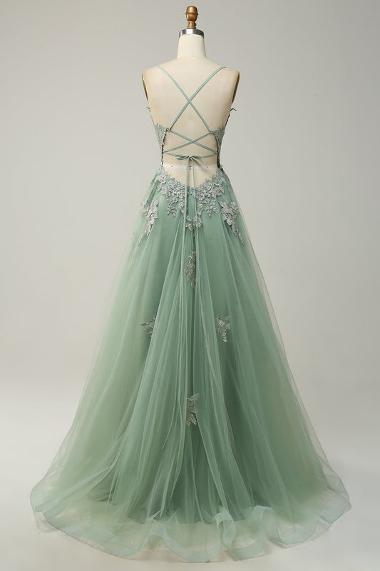 Green Spaghetti Straps Appliques Tulle Prom Dress