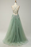 Green Spaghetti Straps Appliques Tulle Long Prom Dress with Slit
