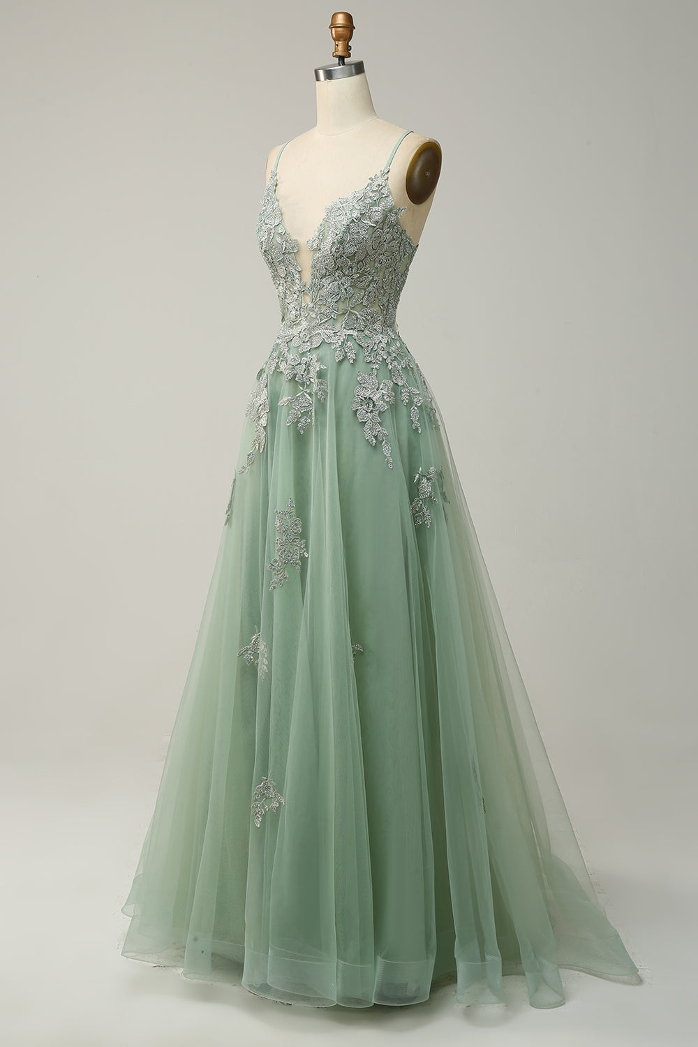 Green Spaghetti Straps Appliques Tulle Long Prom Dress with Slit