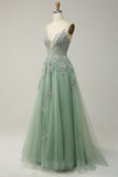 Green Spaghetti Straps Appliques Tulle Long Prom Dress with Slit