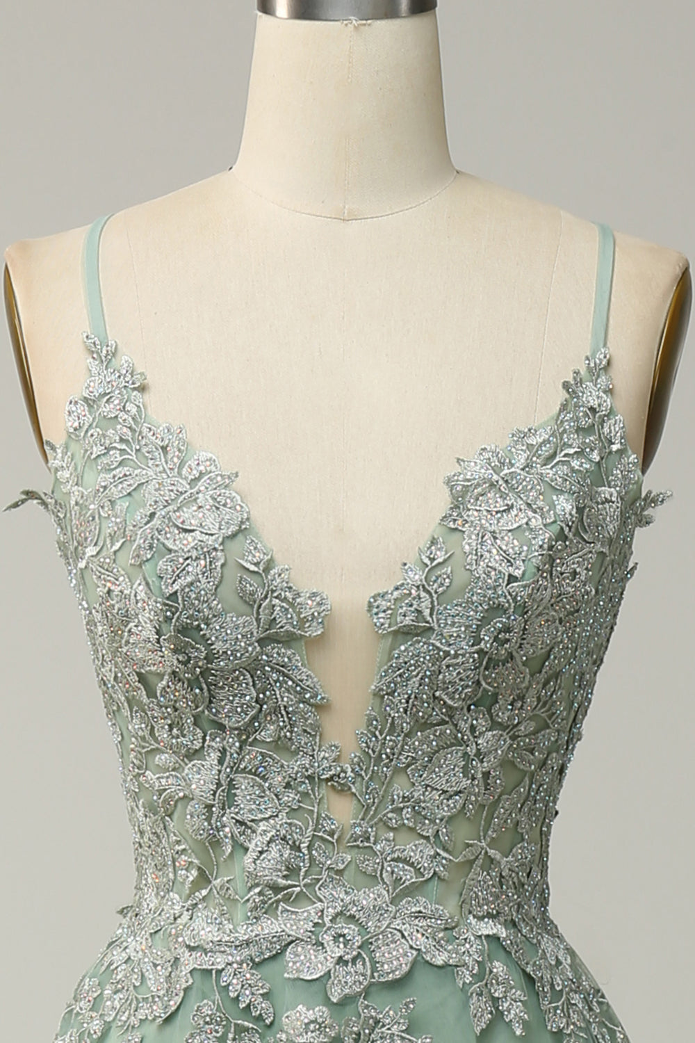 Green Spaghetti Straps Appliques Tulle Long Prom Dress with Slit