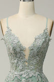 Green Spaghetti Straps Appliques Tulle Long Prom Dress with Slit
