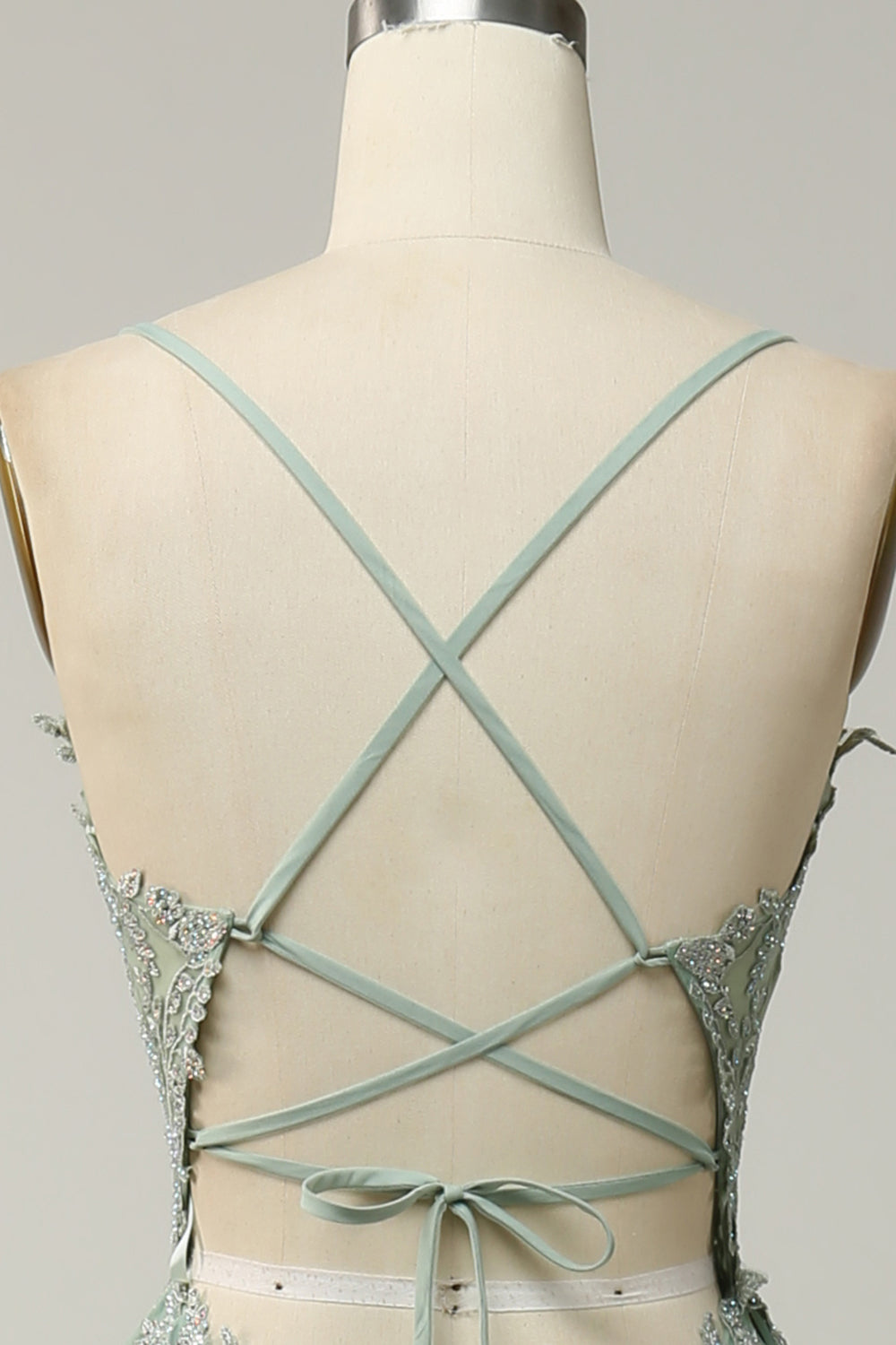 Green Spaghetti Straps Appliques Tulle Long Prom Dress with Slit