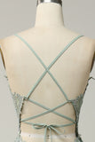 Green Spaghetti Straps Appliques Tulle Long Prom Dress with Slit