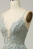 Green Spaghetti Straps Appliques Tulle Long Prom Dress with Slit