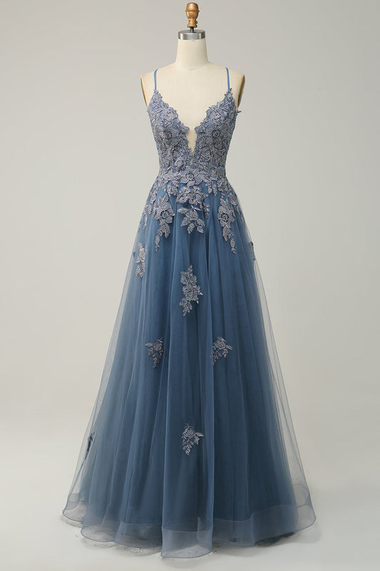 Grey Blue Spaghetti Straps Appliques Tulle Prom Dress