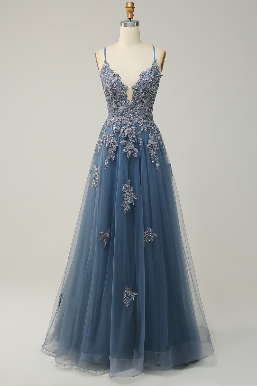 Green Spaghetti Straps Appliques Tulle Long Prom Dress with Slit