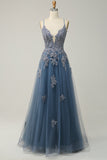 Green Spaghetti Straps Appliques Tulle Long Prom Dress with Slit