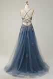 Green Spaghetti Straps Appliques Tulle Long Prom Dress with Slit