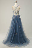 Grey Blue Spaghetti Straps Appliques Tulle Prom Dress
