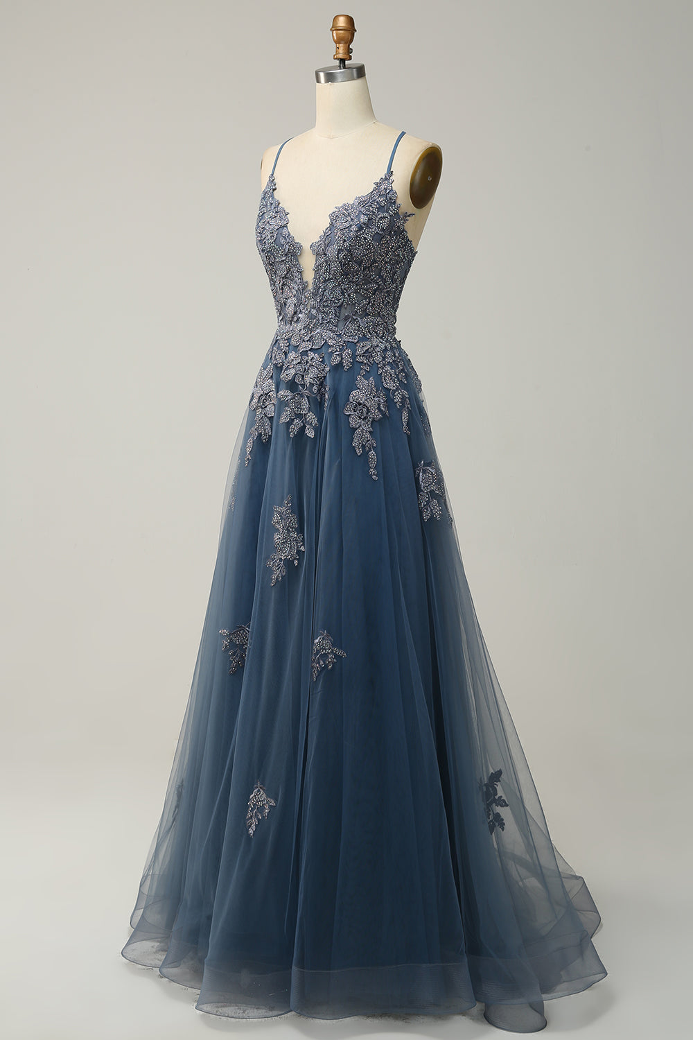 Green Spaghetti Straps Appliques Tulle Long Prom Dress with Slit