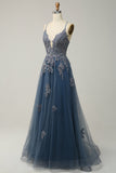 Green Spaghetti Straps Appliques Tulle Long Prom Dress with Slit