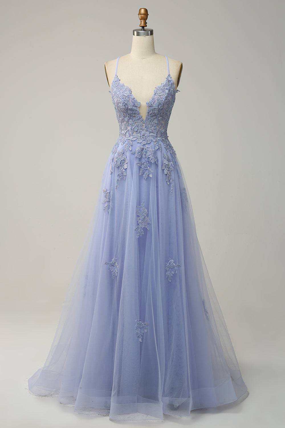 Green Spaghetti Straps Appliques Tulle Long Prom Dress with Slit