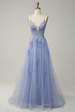 Green Spaghetti Straps Appliques Tulle Long Prom Dress with Slit