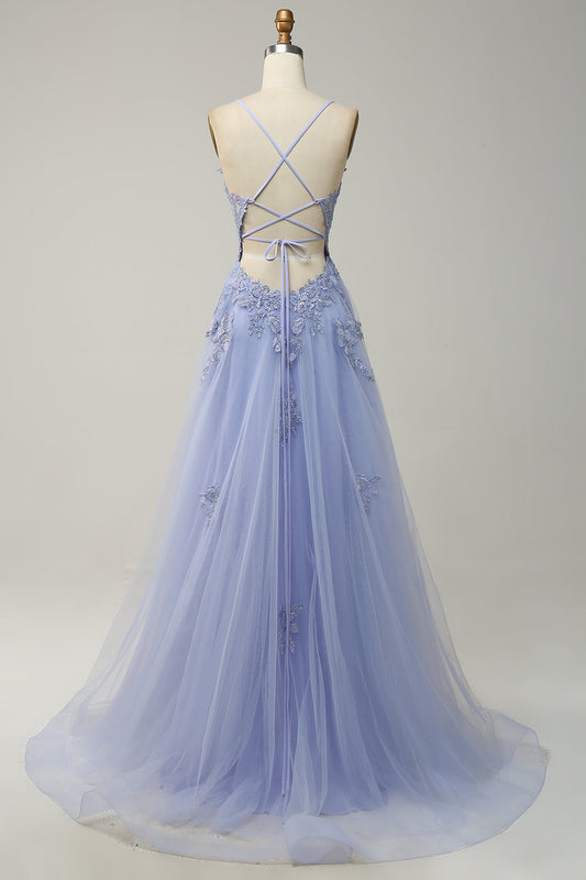 Light Purple Spaghetti Straps Appliques Tulle Prom Dress