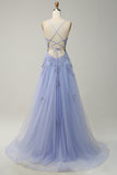 Green Spaghetti Straps Appliques Tulle Long Prom Dress with Slit