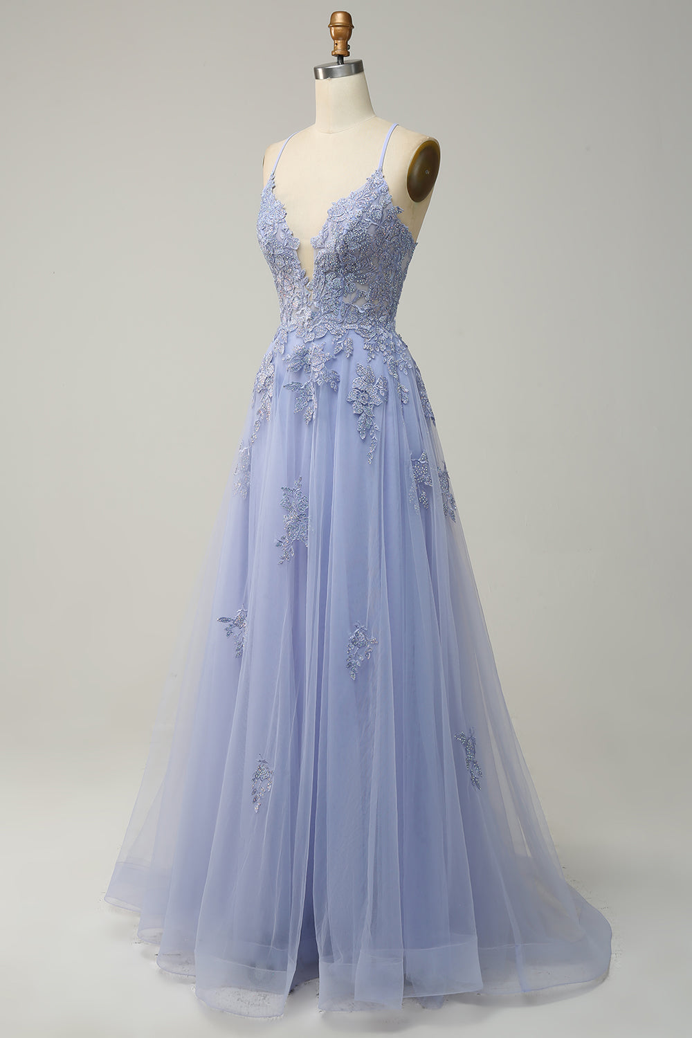 Green Spaghetti Straps Appliques Tulle Long Prom Dress with Slit