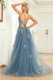 A Line Spaghetti Straps Grey Blue Long Prom Dress with Appliques