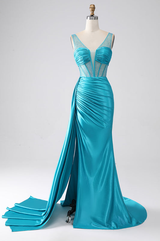 Turquoise Mermaid V-Neck Sweep Train Pleated Corset Beaded Prom Dress