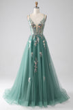 Glitter Green A-Line Spaghetti Straps Long Prom Dress With Sparkly Sequin Appliques