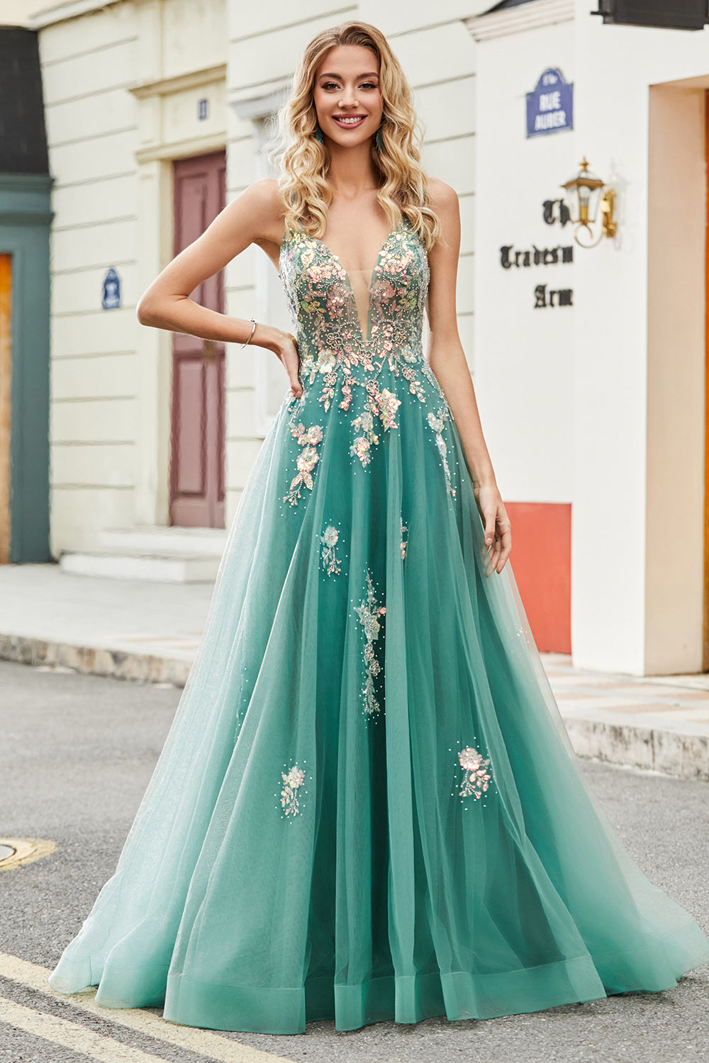 Glitter Green A-Line Spaghetti Straps Long Prom Dress With Sparkly Sequin Appliques